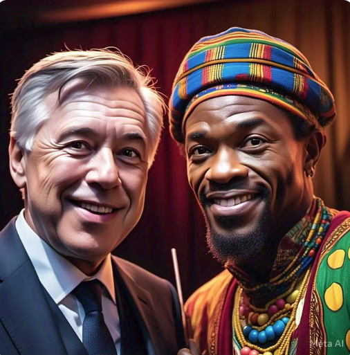 رسمة تخيلية عبر الذكاء الاصطناعي لصورة الساحر الإفريقي مع أنشيلوتي، فيتو