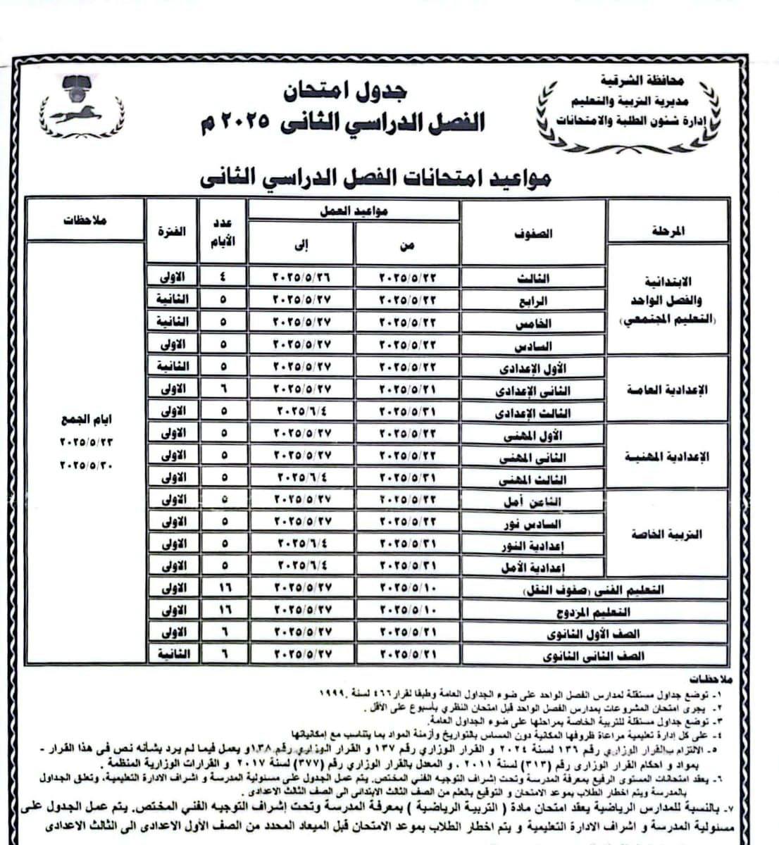 جداول امتحانات محافظة الشرقية -فيتو