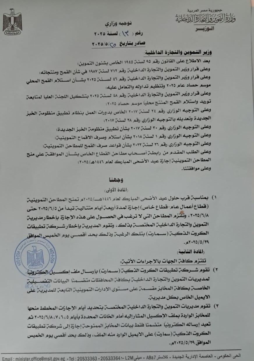 <strong>توجيه وزاري بشأن منح المطاحن التموينية إجازة العيد</strong>