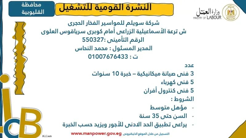 وظائف القوي العاملة بالقليوبية،فيتو