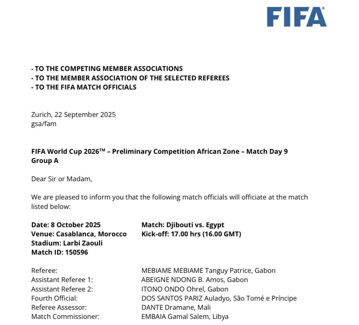 طاقم حكام جابوني لمباراة مصر وجيبوتي، فيتو