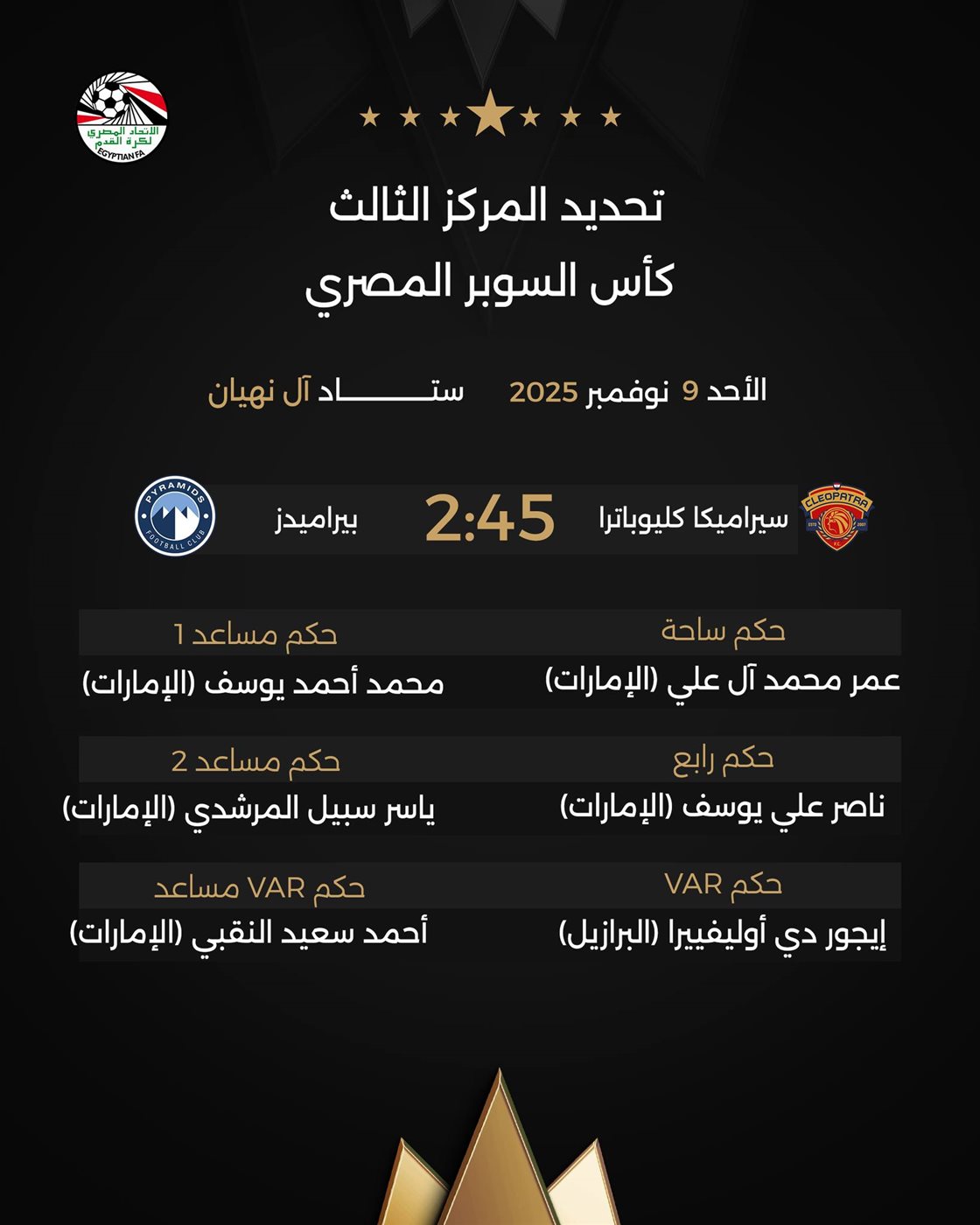 طاقم حكام مباراة سيراميكا ضد بيراميدز، فيتو