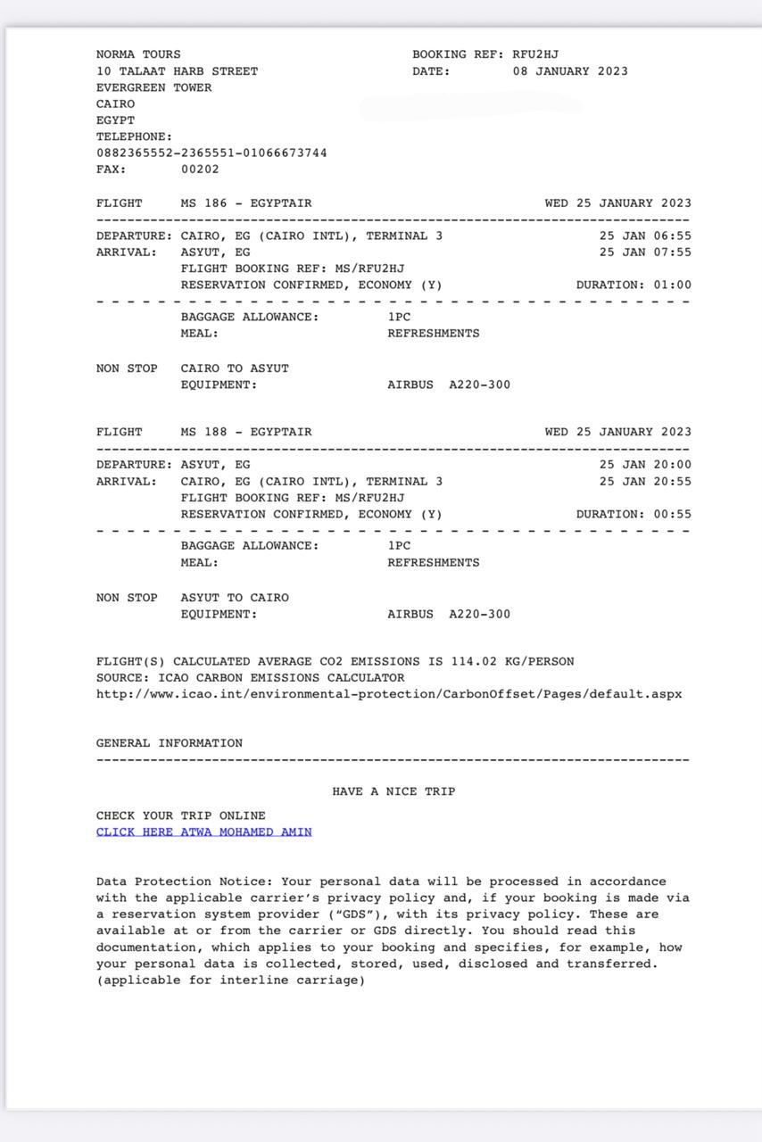 صورة من تذكرة الطيران الخاصة بالمشرف على الرسالة بعد إخفاء اسمه منها