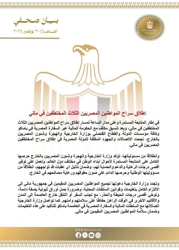 بيان وزارة الخارجية بشأن المختطفين المصريين فى مالى، فيتو&nbsp;