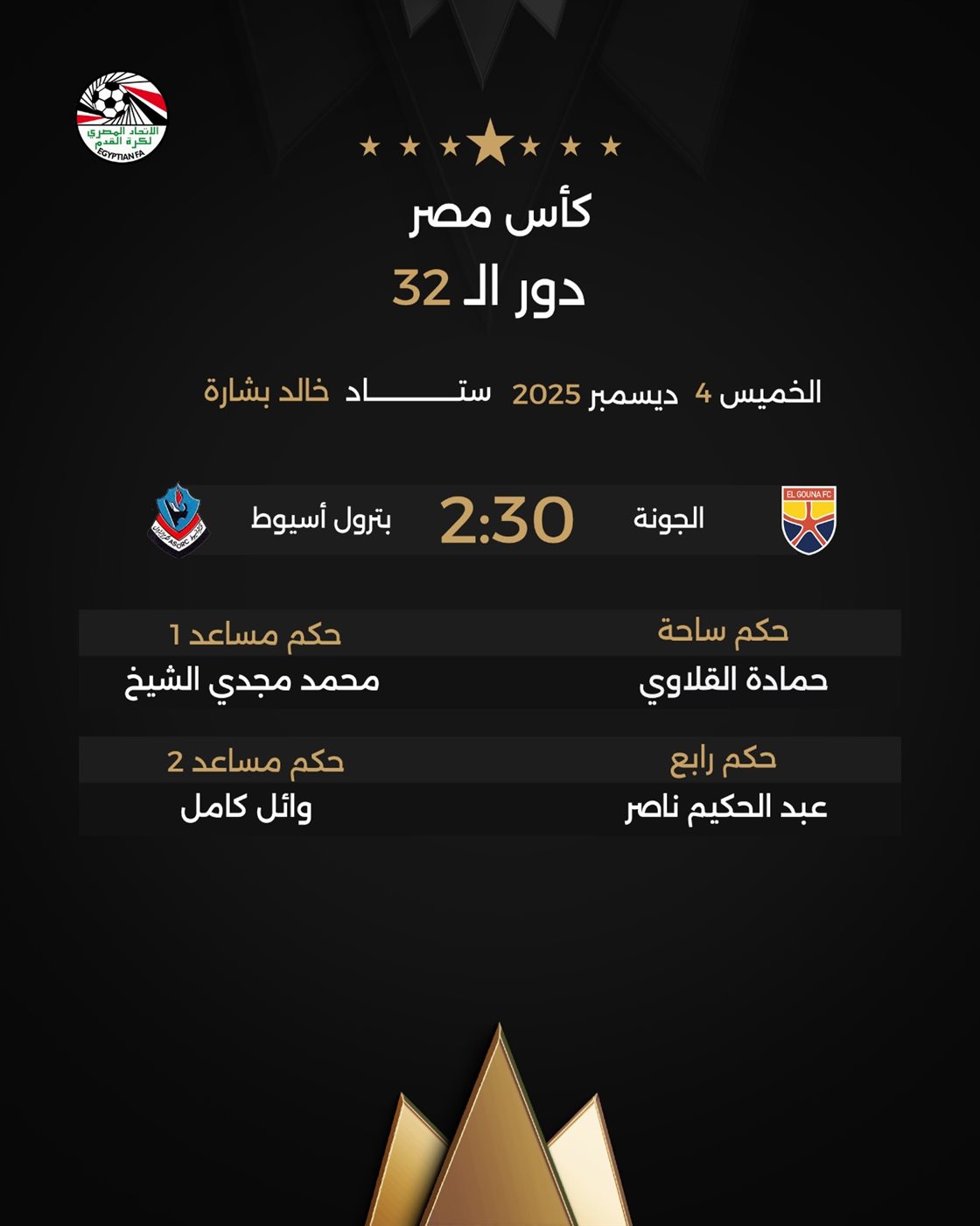 طاقم حكام مباراة الجونة وبترول أسيوط، فيتو