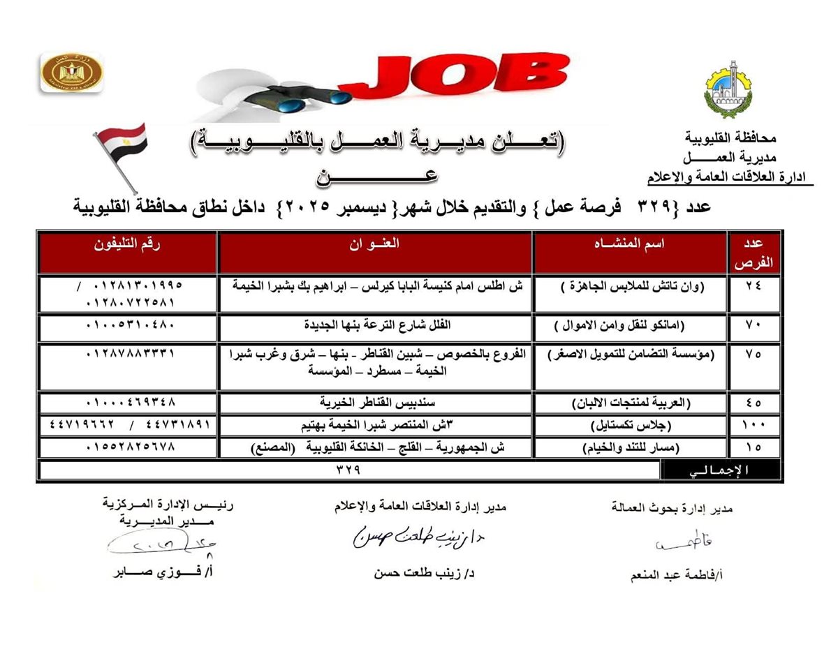 وظائف وفرص عمل بالقليوبية، فيتو