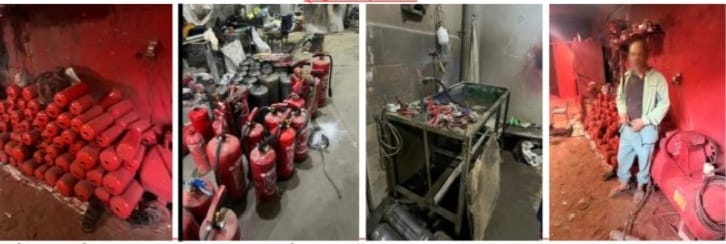 ضبط مصنع وورشة لتصنيع وتعبئة طفايات الحريق من مواد مجهولة المصدر فى المرج