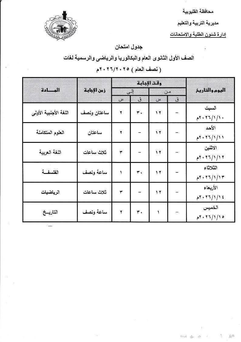جدول امتحان النقل للثانوي والبكالوريا القليوبية، فيتو