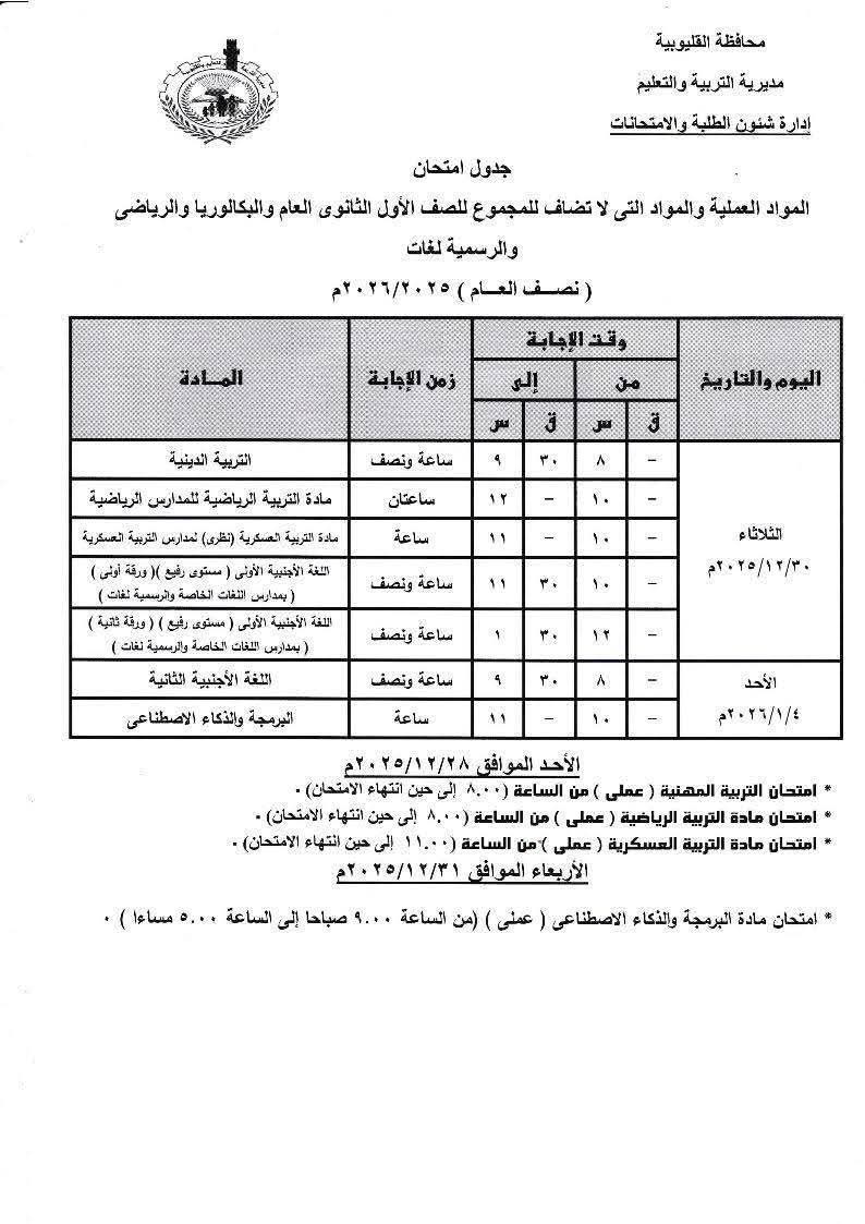 جدول امتحان النقل للثانوي والبكالوريا القليوبية، فيتو