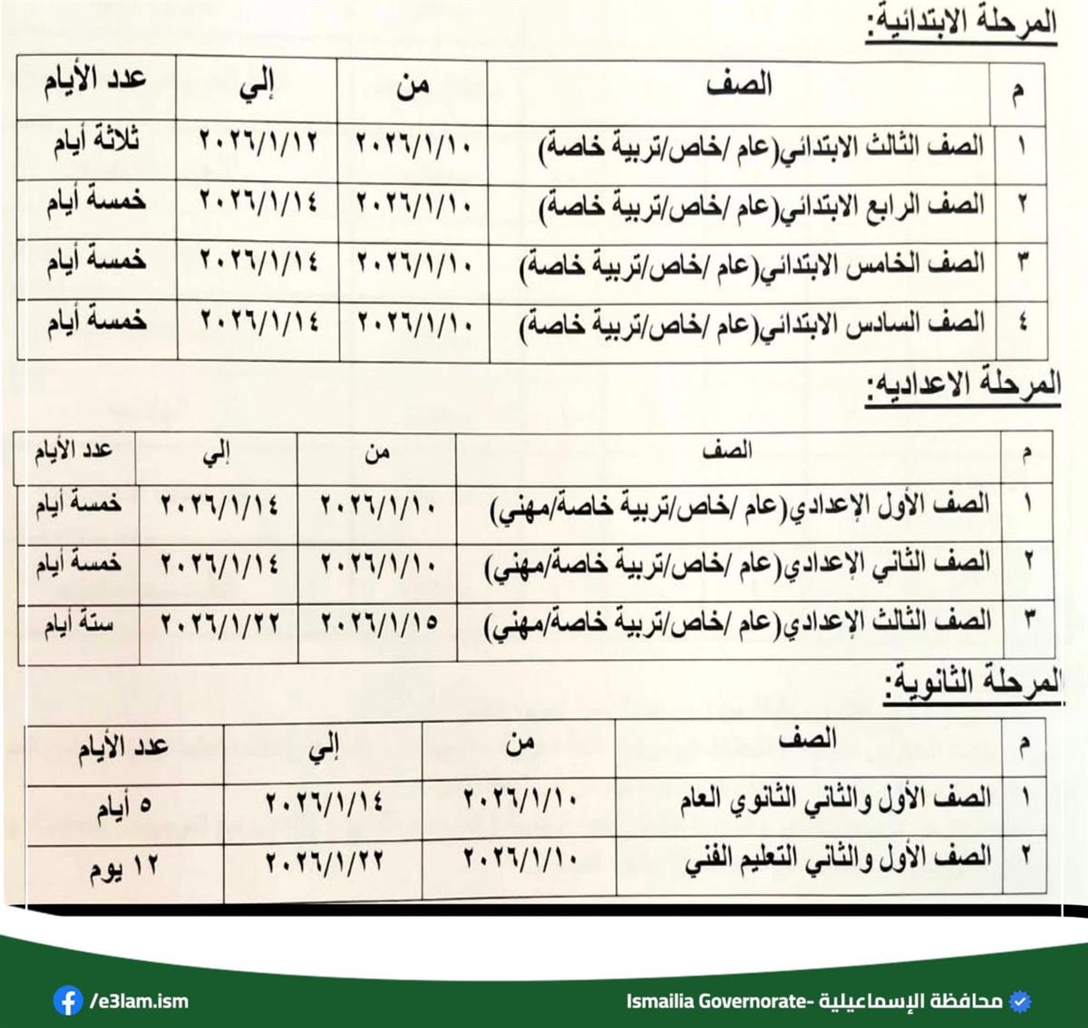موعد الامتحانات في محافظة الإسماعيلية، فيتو&nbsp;
