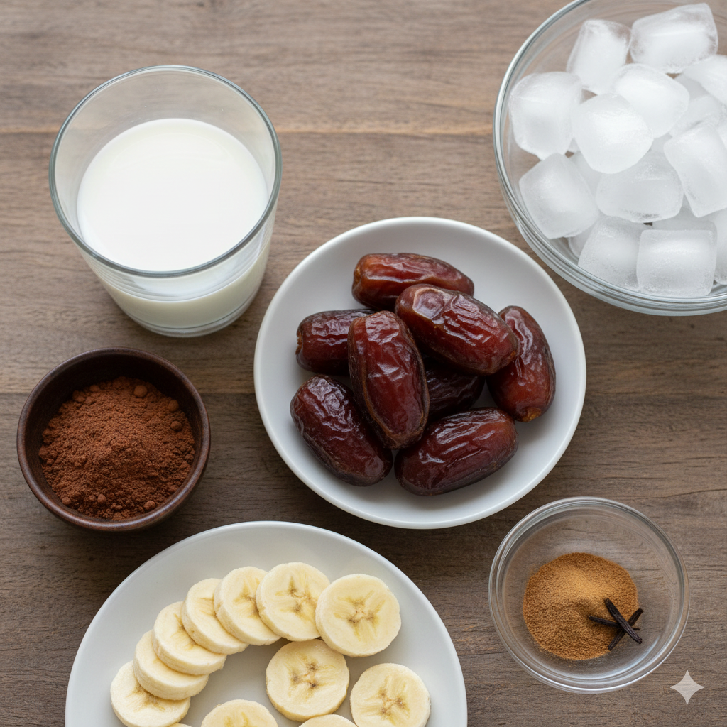 مكونات سموثي التمر واللبن والكاكاو