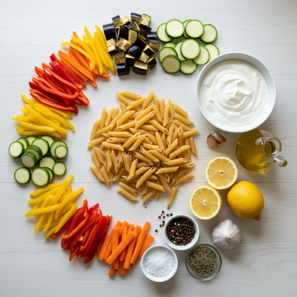 مكونات المكرونة بالخضار المشوي وصوص الزبادي