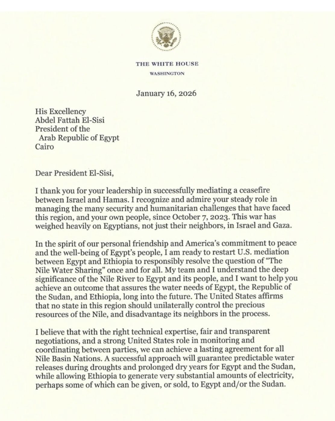 رسالة ترامب إلى السيسي، فيتو