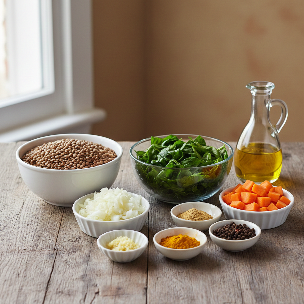 مكونات شوربة السبانخ والعدس