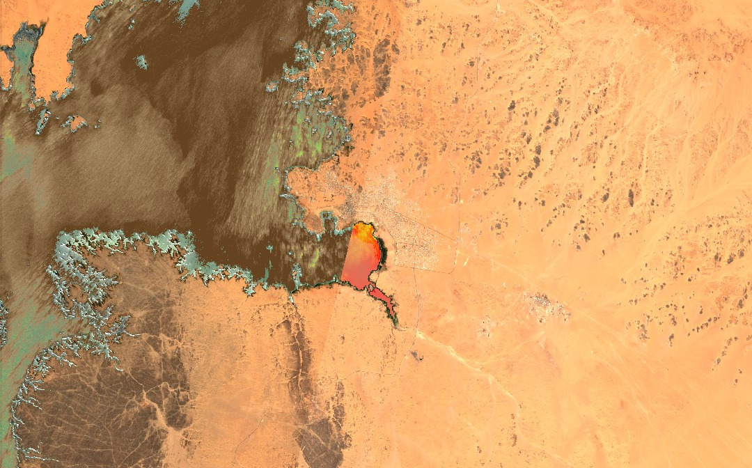 وادي حلفا وتركز الكلورفيل باللون الاحمر وتركز الطمي باللون البني بمسار البحيرة في اتجاه مصر، فيتو