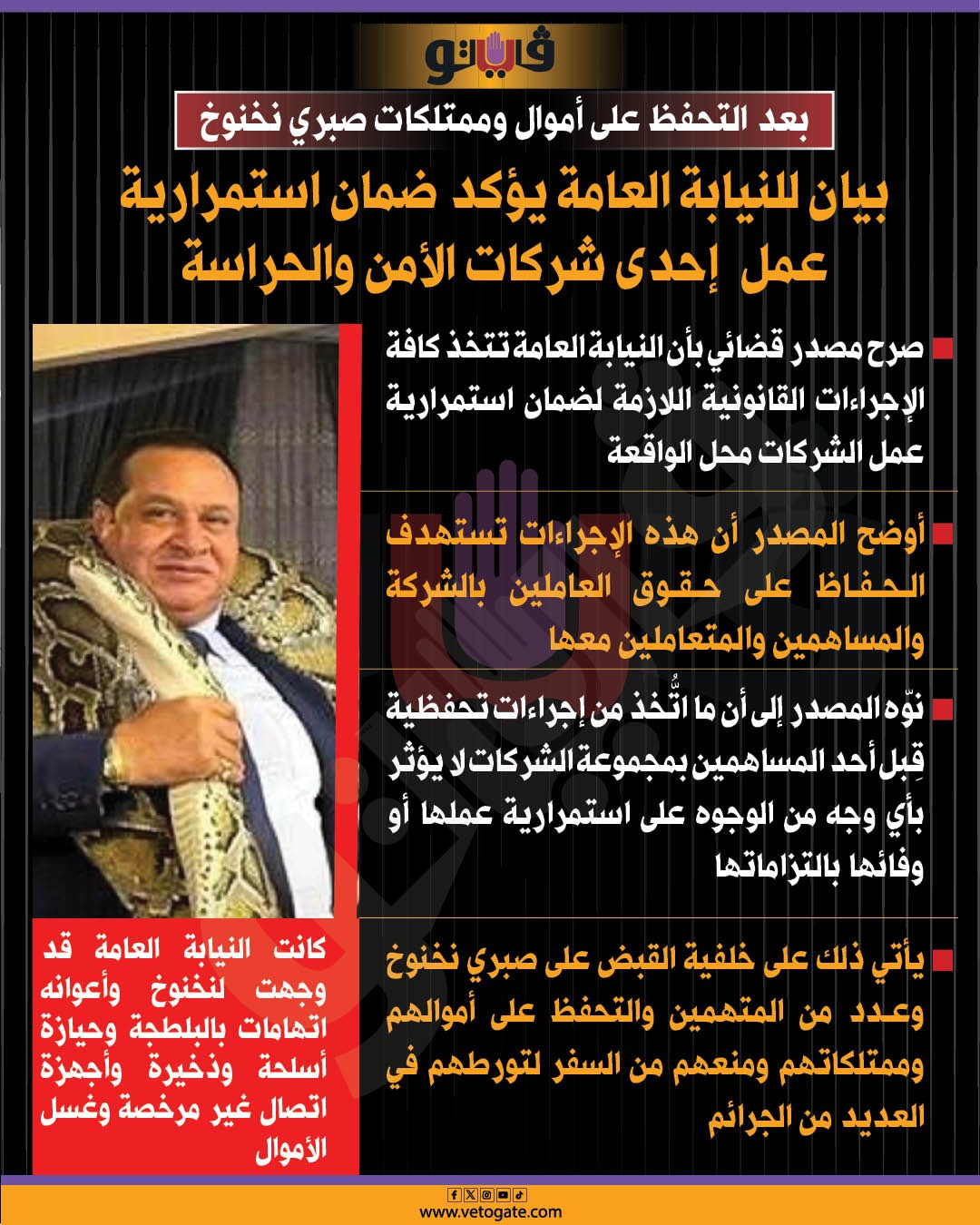 النيابة العامة تتخذ إجراءات تضمن استمرار عمل الشركات التى يساهم فيها نخنوخ