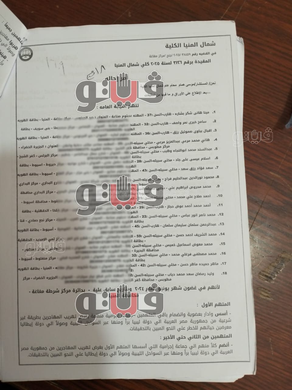 18 متهما ضمن قرار الإحالة الصادر بمعرفة المحامي العام لنيابات شمال المنيا
