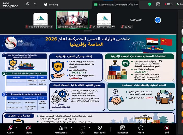 التمثيل التجاري بالصين: الصادرات المصرية إلى بكين مرشحة لتجاوز مليار دولار خلال 2026