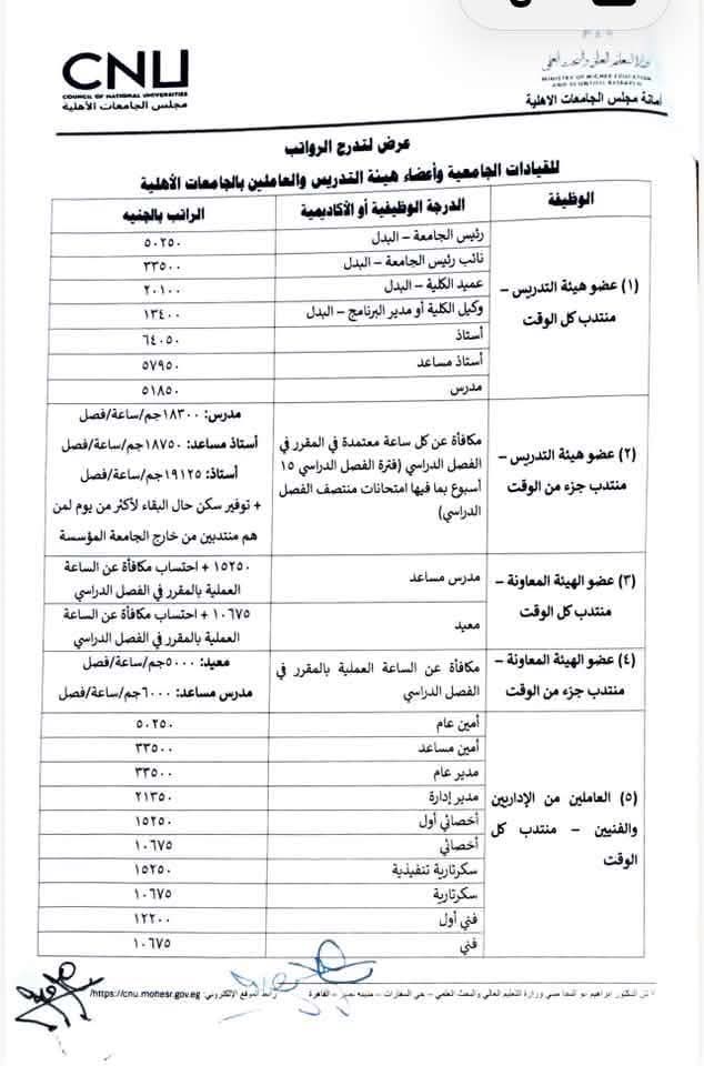 بالأرقام، رواتب أعضاء هيئة التدريس والإداريين بالجامعات الأهلية (مستند)