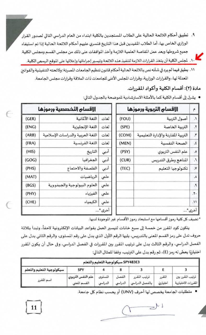 البند رقم 10 من لائحة الكلية