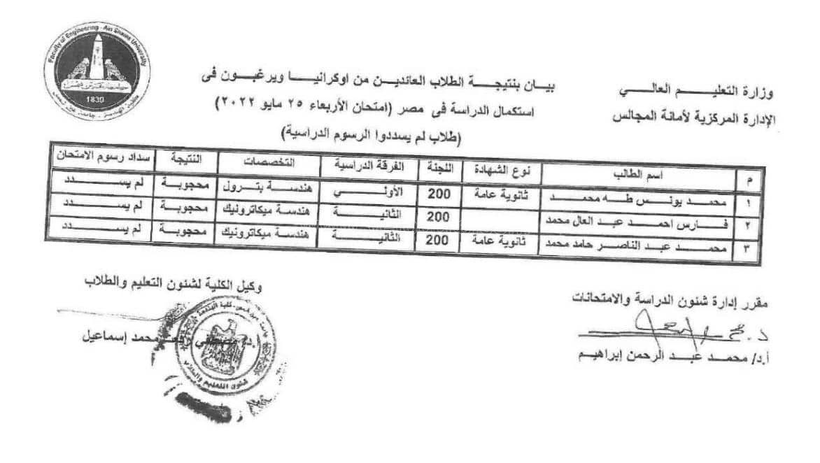 نتيجة امتحانات تحديد المستوى للطلاب المصريين العائدين من أوكرانيا (10)