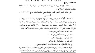 محافظة سوهاج تخصص أراضي لبعض الجهات وتقبل تبرعات بعض المواطنين