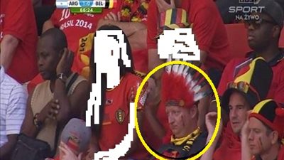 بالصورة.. شبيه «مرتضى منصور» يشجع بلجيكا في مدرجات البرازيل