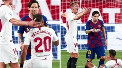 في لقطة غير أخلاقية.. ميسي يوجه ضربة قوية للاعب إشبيلية ويسقطه أرضًا | فيديو وصور