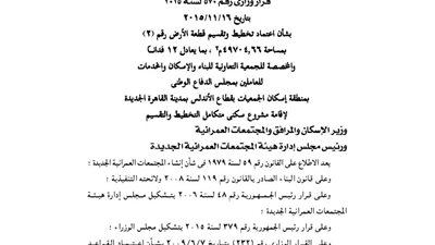 اعتماد تقسيم 12 فدانا لصالح جمعيات الإسكان للعاملين بمجلس الدفاع الوطنى