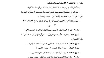 تعديل لائحة جمعية الإشراف الخيرية بالدقهلية