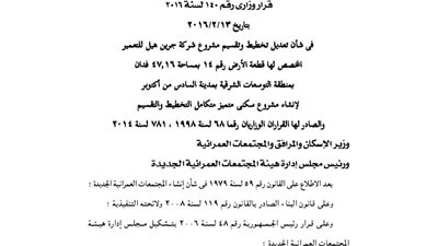 تقسيم مشروع شركة «جرين هيل» للتعمير بأكتوبر