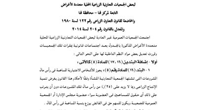 ملخص قرارات الجمعيات العمومية لعدد من الجمعيات الزراعية