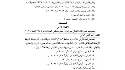 تخصيص قطعة أرض بقرية السقا لإقامة مدرسة تعليم أساسي