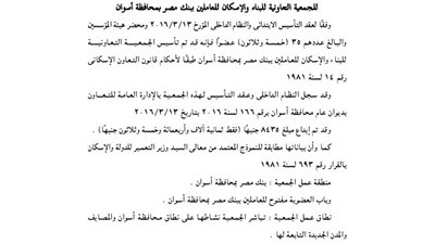 عقد تأسيس جمعية الإسكان للعاملين ببنك مصر بأسوان