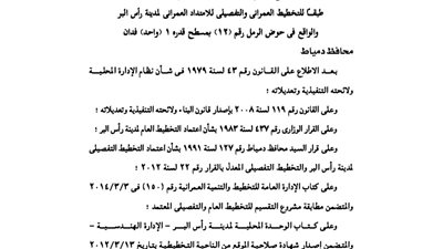 اعتماد مشروع تقسيم برأس البر طبقًا للتخطيط العمرانى بحوض الرمل