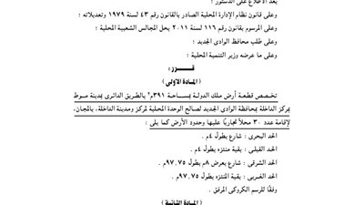 تخصيص قطعة أرض بالطريق الدائري بمكز الداخلة لإقامة 30 محلا تجاريا