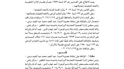 إسقاط عضوية رئيس مجلس إدارة الجمعية الزراعية بميت المخلص بالغربية