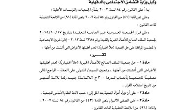 حل جمعية السلف الصالح للأعمال الخيرية لعدم تحقيق أغراضها