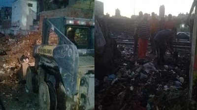 حملة ليلية لرفع القمامة والمخلفات من فتحات شريط السكة الحديد بالمحلة| صور