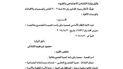 قيد جمعية وطن واحد لتنمية المجتمع بنقاليفا