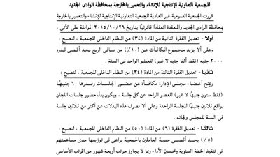 ملخص تعديل عقد الجمعية الإنتاجية للإنشاء والتعمير بالوادى الجديد