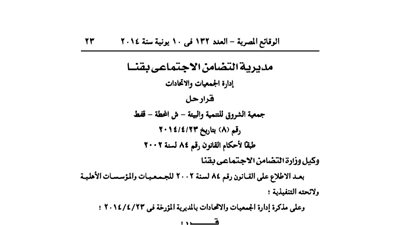 قرار حل جمعية الشروق للتنمية والبيئة بقنا