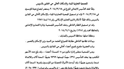 ملخص عقد تأسيس الجمعية التعاونية للبناء لأهالي حى الجناين بالسويس