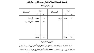 ميزانية تصفية الجمعية الاستهلاكية لأهالي سجين الكوم