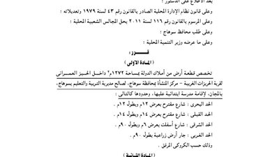 تخصيص 1272 م بالحيز العمرانى بسوهاج لإقامة مدرسة ابتدائي