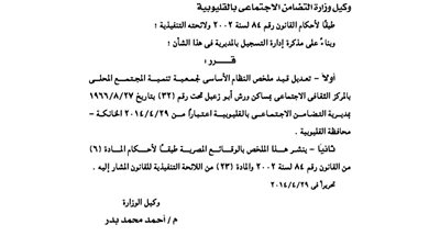 قيد ملخص جمعية تنمية المجتمع بمساكن ورش أبو زعبل