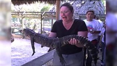 بالفيديو.. امرأة تصاب بالفزع والخوف والسبب تمساح صغير