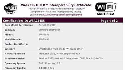 سامسونج SM-T385S مع أندرويد 7.0 يحصل على شهادة الواي فاي
