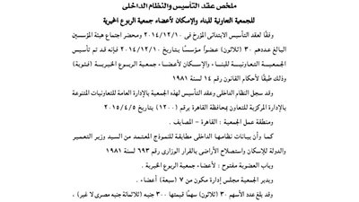 ملخص عقد تأسيس جمعية الإسكان لأعضاء جمعية الربوع الخيرية