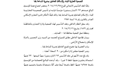 ملخص عقد تأسيس جمعية الإسكان للعاملين بمديرية المساحة بقنا